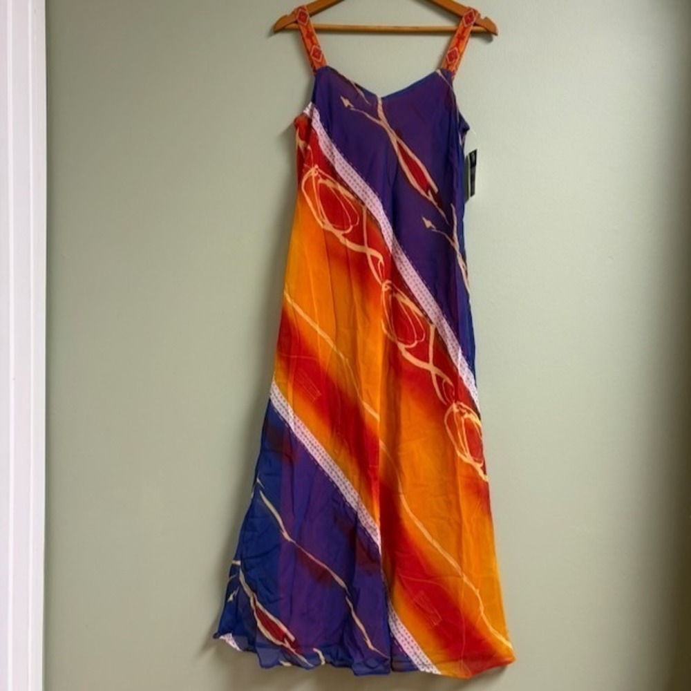 VTG‎ Carole Little Midi Dress Size 10 Radical Rainbow Beaded Straps Boho Resort